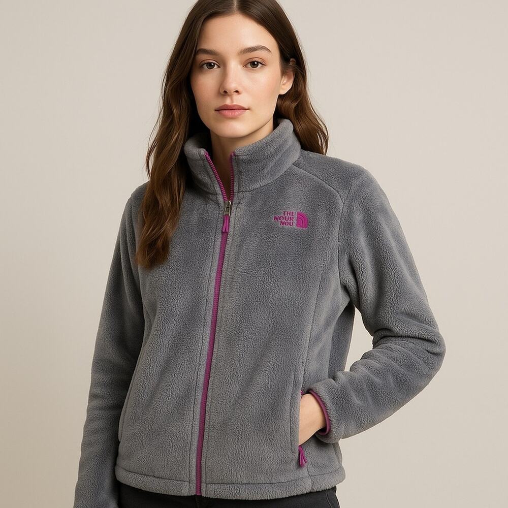 The North Face Osito Gray Fleece Jacket Women’s Medium Full Zip Pink Trim Warm - Picture 8 of 8